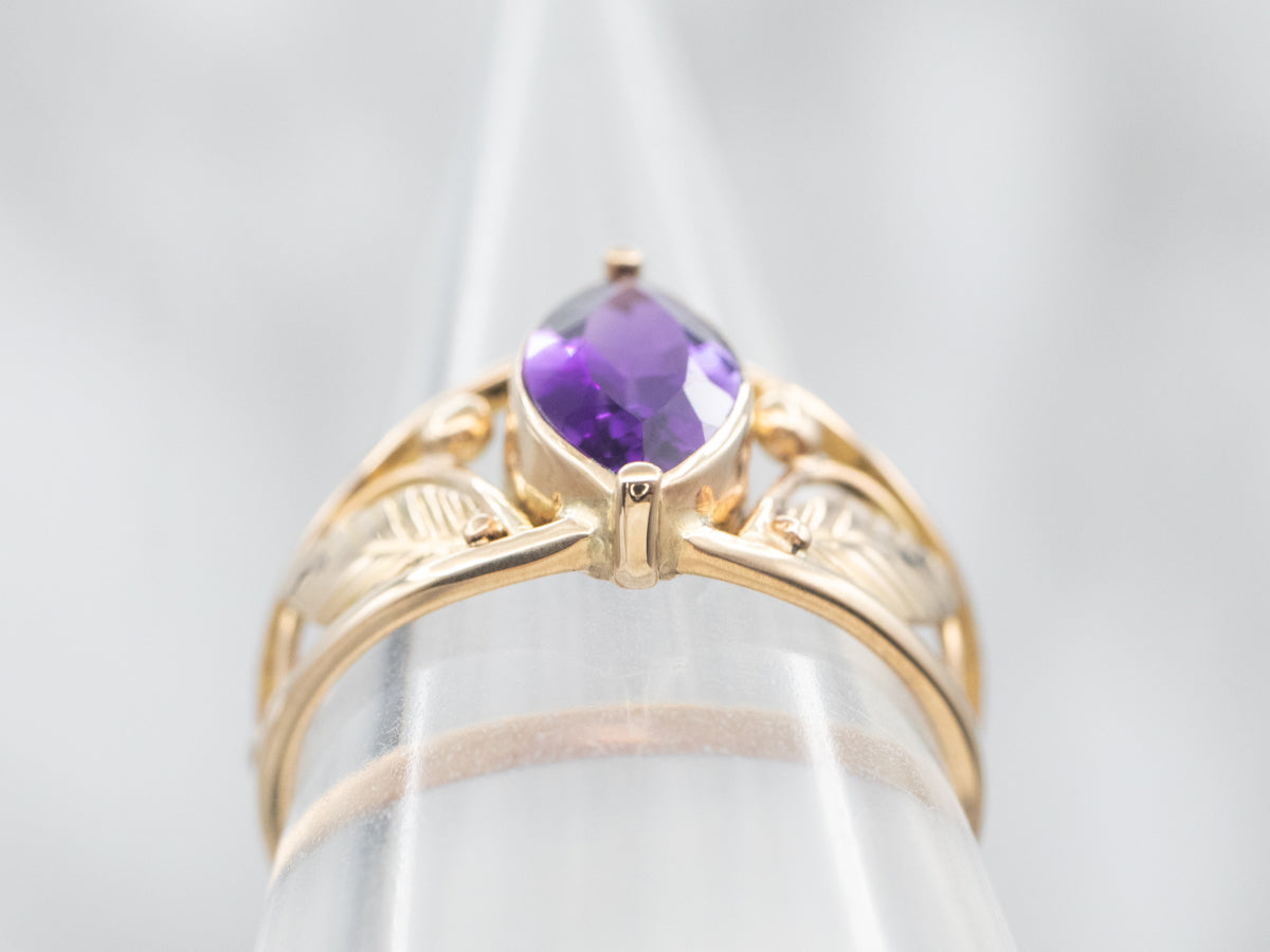 Vintage Marquise Cut Amethyst Ring with Leaf Details
