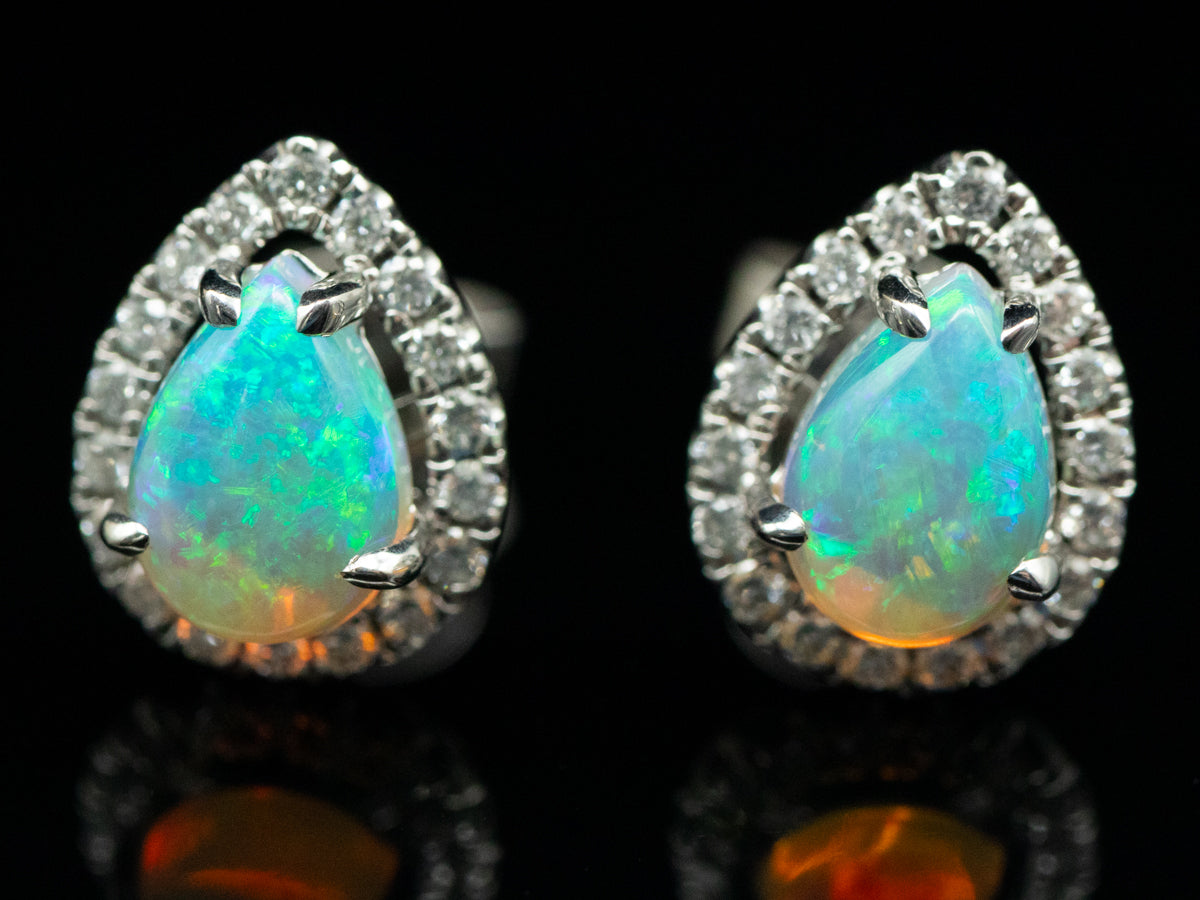 Teardrop Opal and Diamond Halo Stud Earrings