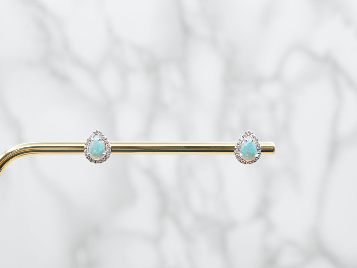 Teardrop Opal and Diamond Halo Stud Earrings