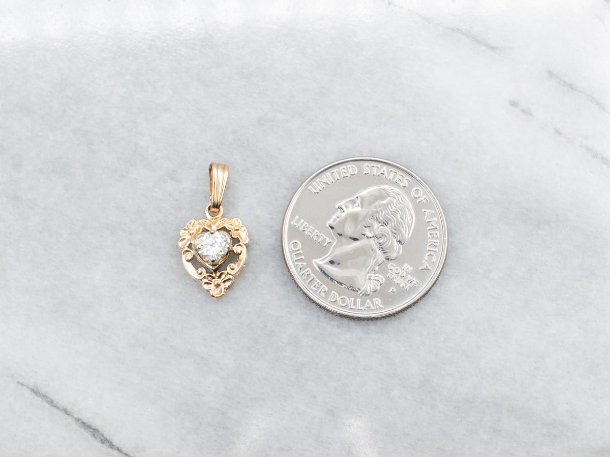 Retro Floral Diamond Heart Pendant