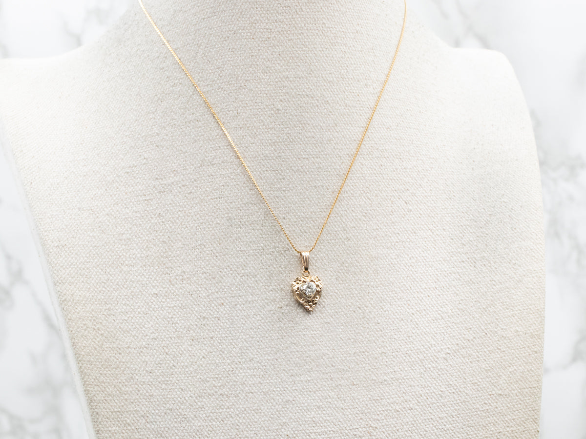 Retro Floral Diamond Heart Pendant