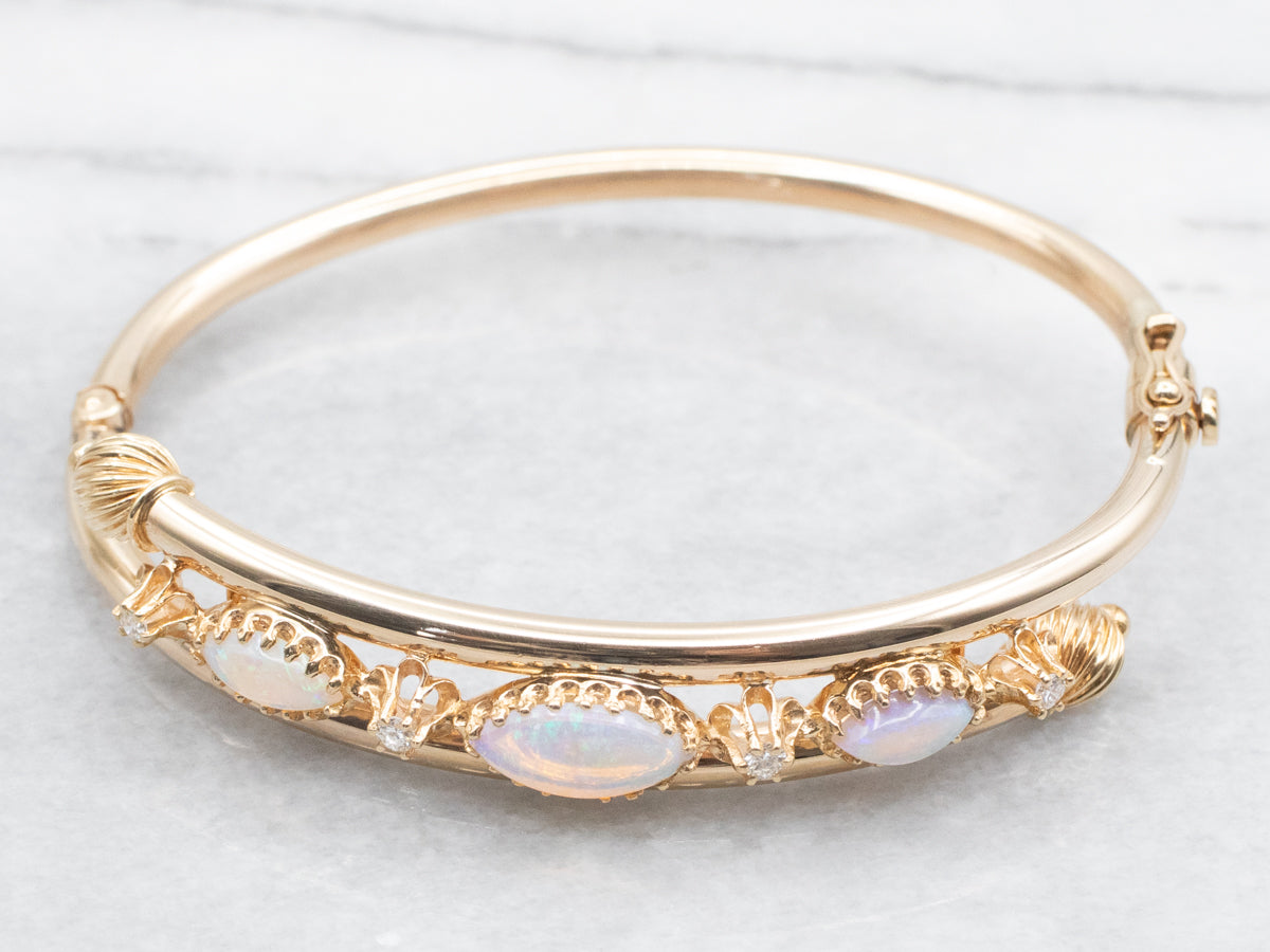 Vintage Australian Opal and Diamond Hinged Bangle Bracelet