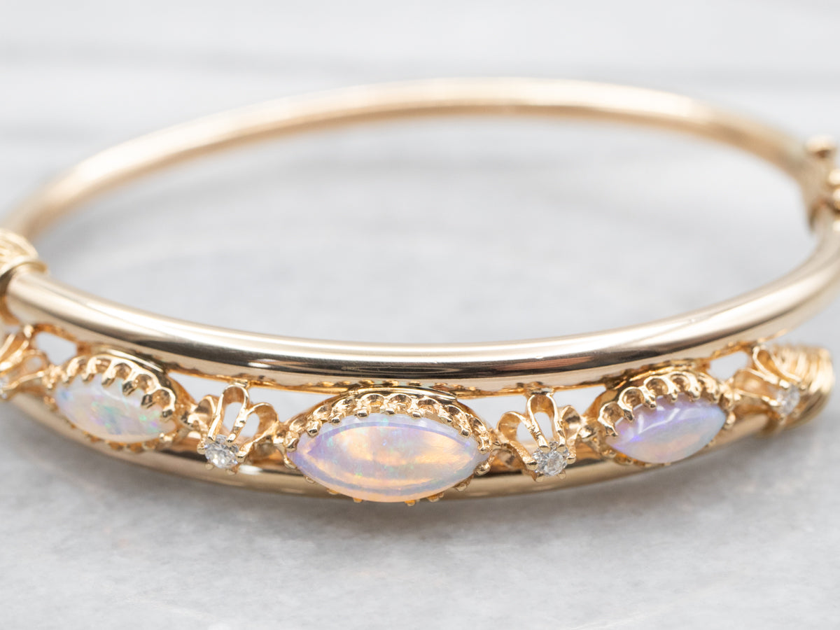 Vintage Australian Opal and Diamond Hinged Bangle Bracelet