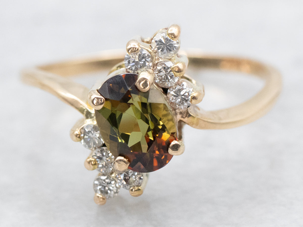 Gold Andalusite and Diamond Bypass Ring