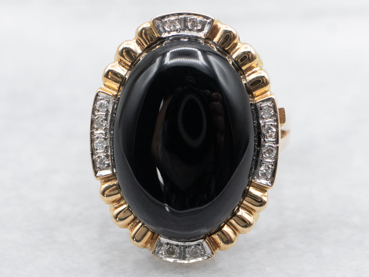 Anillo de cóctel de oro amarillo y blanco de 14 quilates con ónix negro ovalado grande y detalles de diamantes (0,01 quilates SI-I, GI), tamaño 6,25