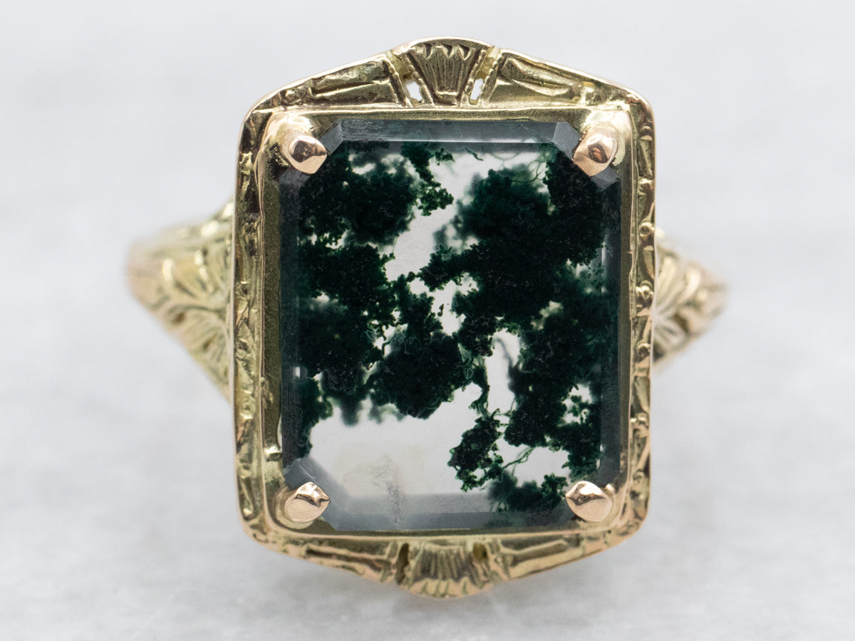 Emerald Cut Agate Filigree Ring