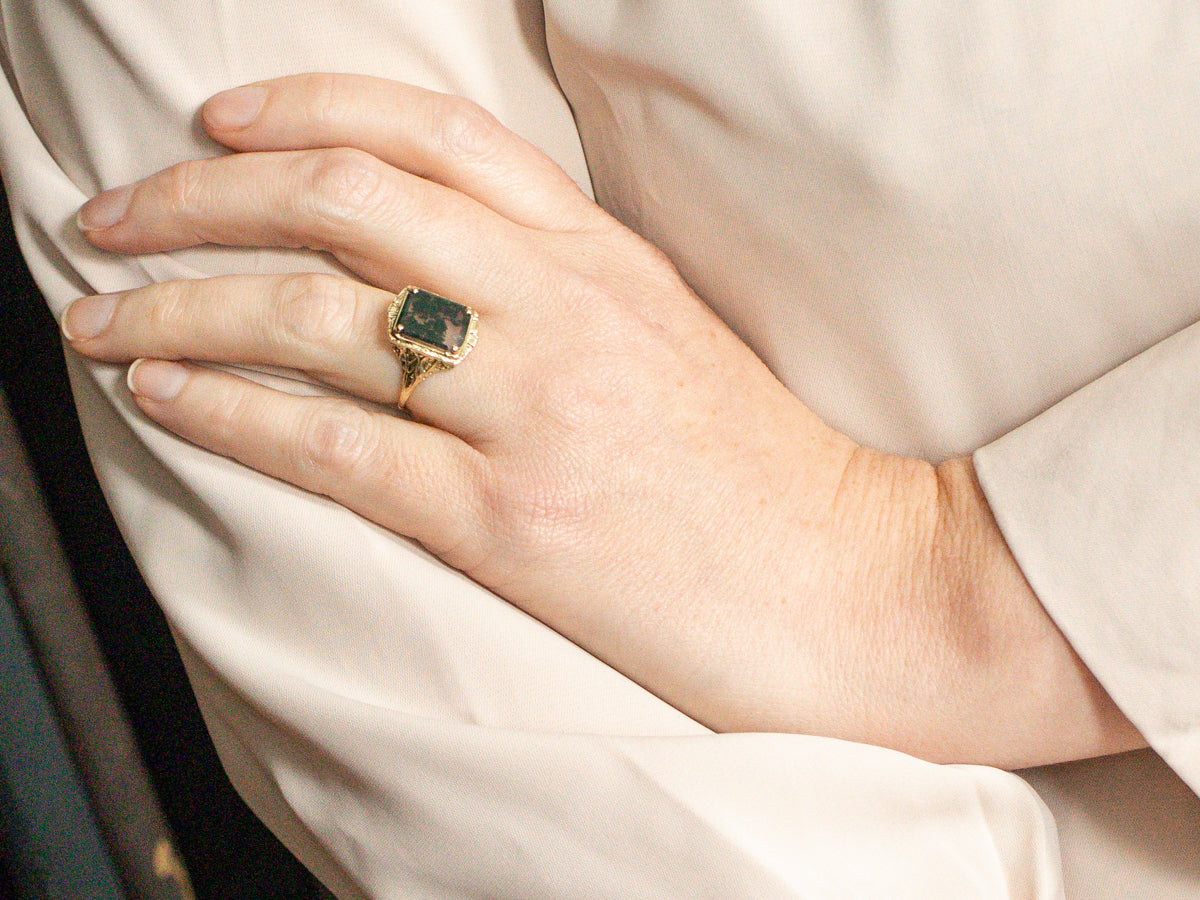 Emerald Cut Agate Filigree Ring