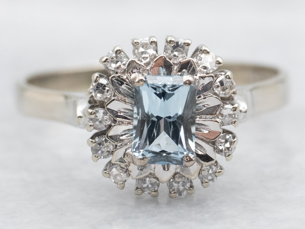 White Gold Aquamarine and Halo Diamond Ring
