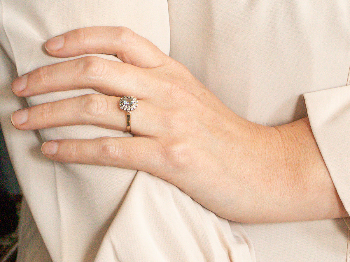 White Gold Aquamarine and Halo Diamond Ring
