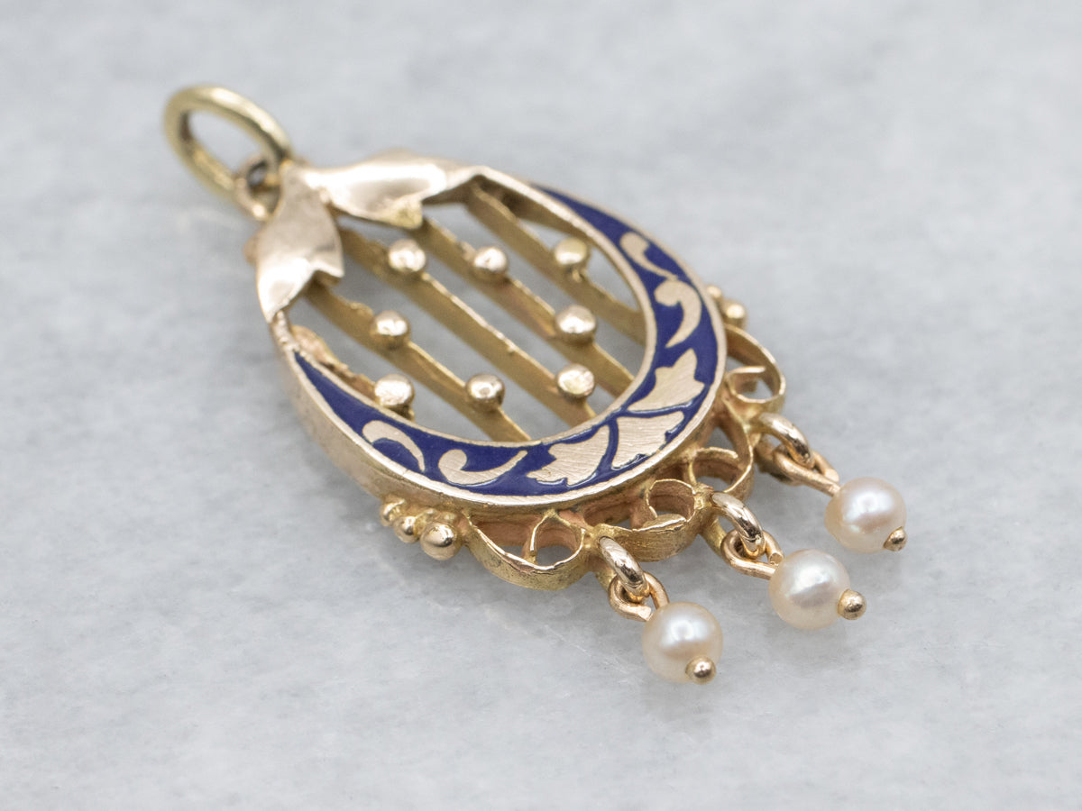 Vintage Gold and Blue Enamel Pendant with Pearl Tassel Drops