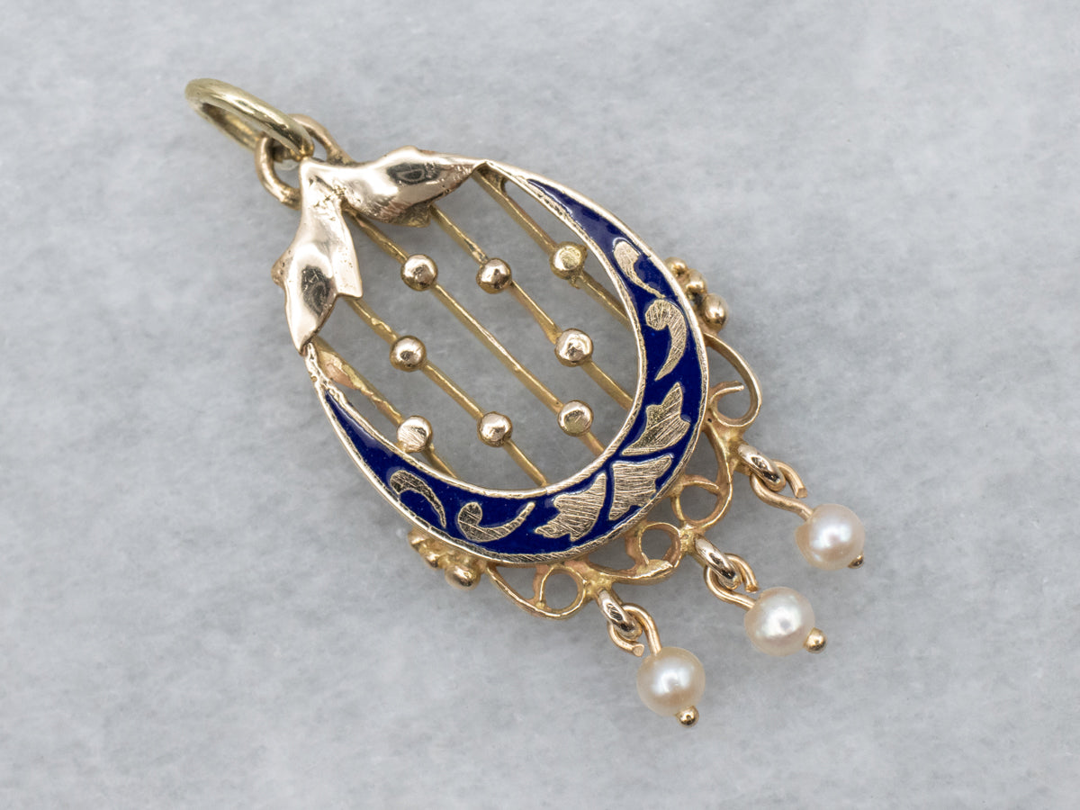 Vintage Gold and Blue Enamel Pendant with Pearl Tassel Drops