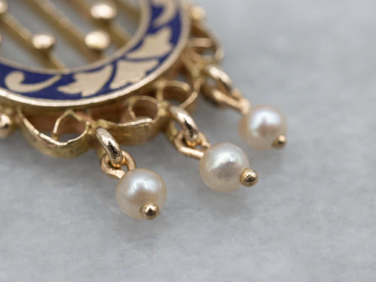 Vintage Gold and Blue Enamel Pendant with Pearl Tassel Drops