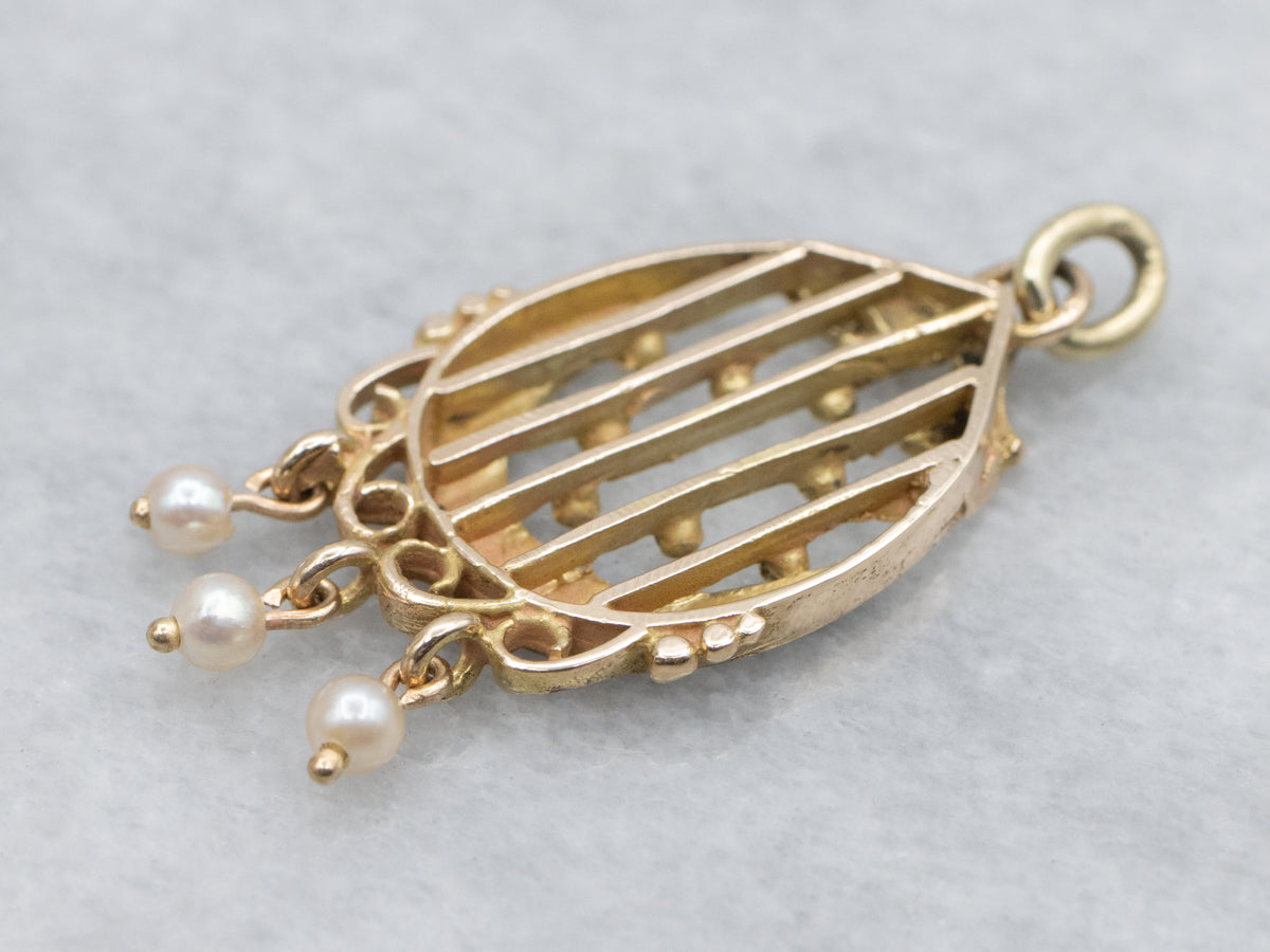 Vintage Gold and Blue Enamel Pendant with Pearl Tassel Drops