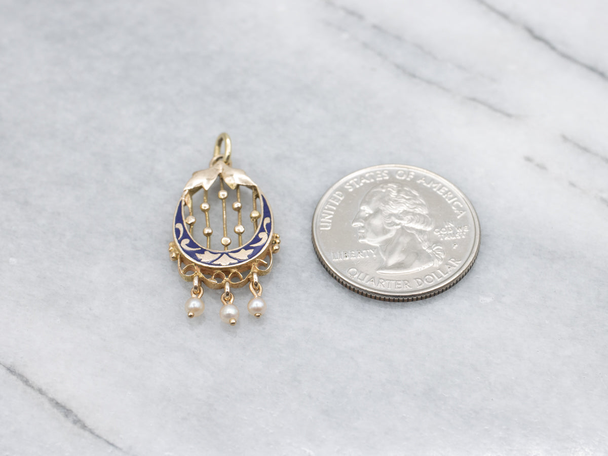 Vintage Gold and Blue Enamel Pendant with Pearl Tassel Drops