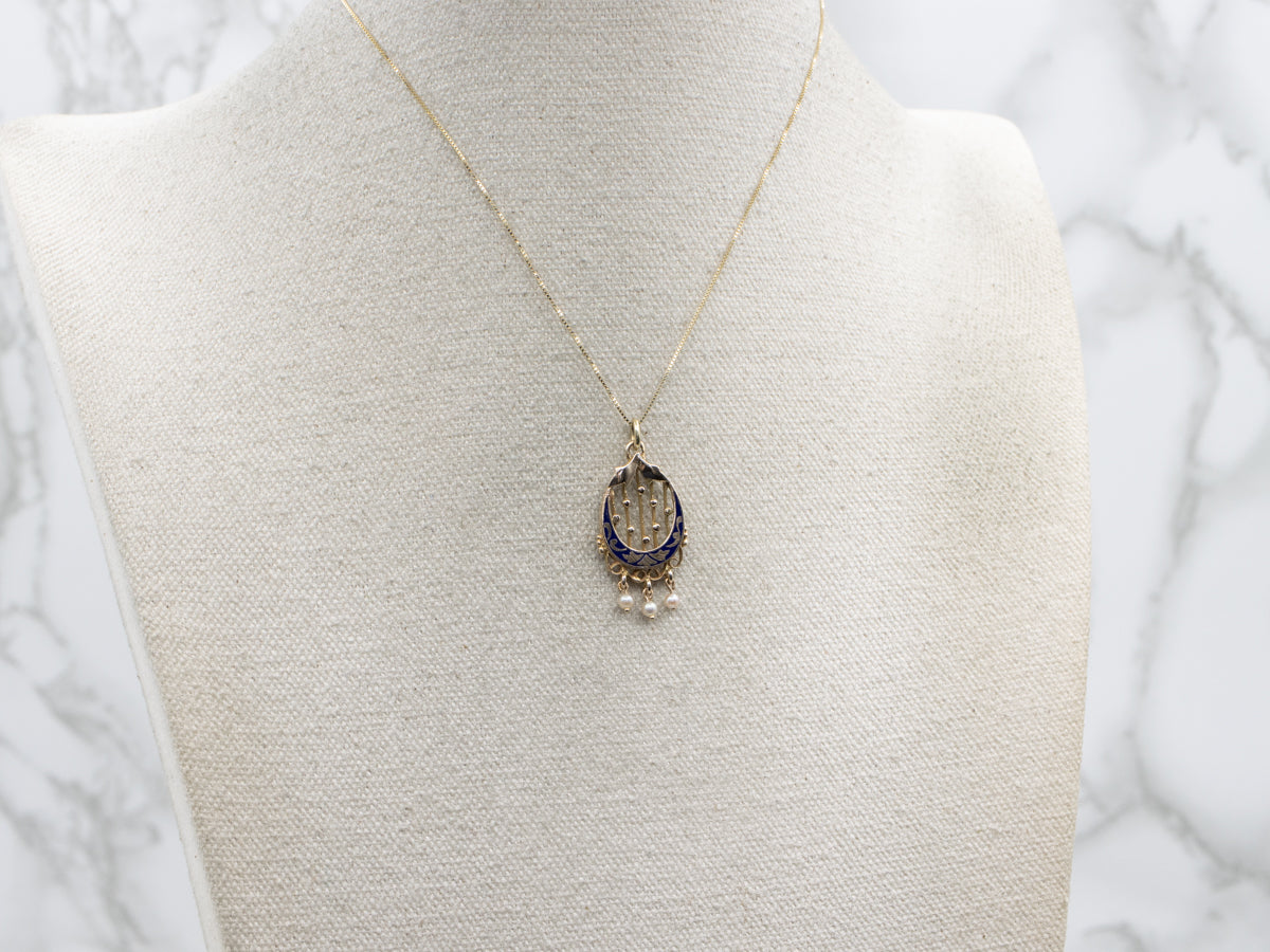 Vintage Gold and Blue Enamel Pendant with Pearl Tassel Drops