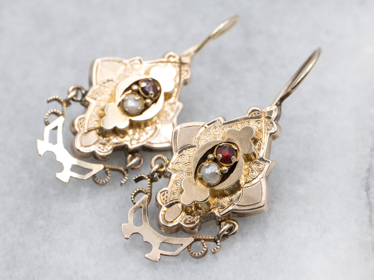 Antique Gold Victorian Era Garnet and Seed Pearl Drop Earrings