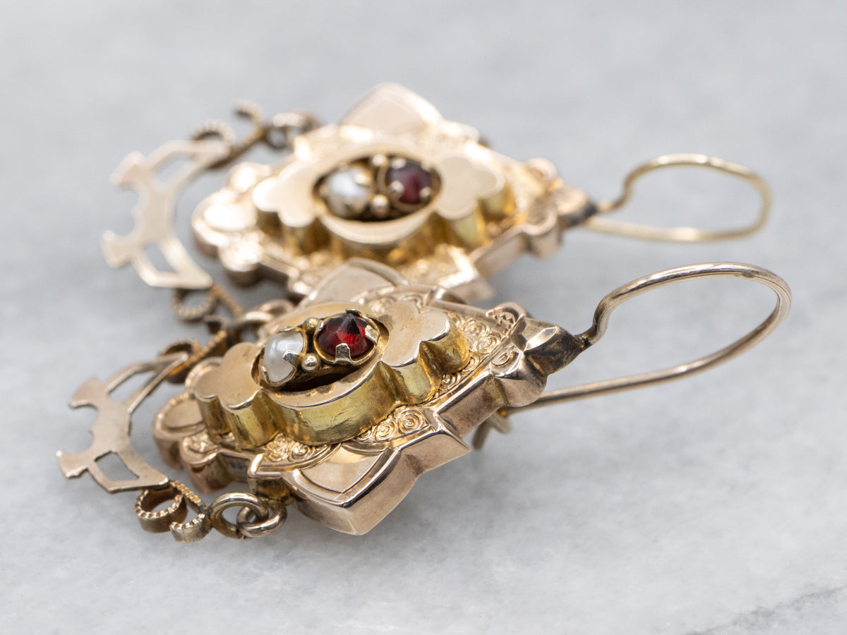 Antique Gold Victorian Era Garnet and Seed Pearl Drop Earrings