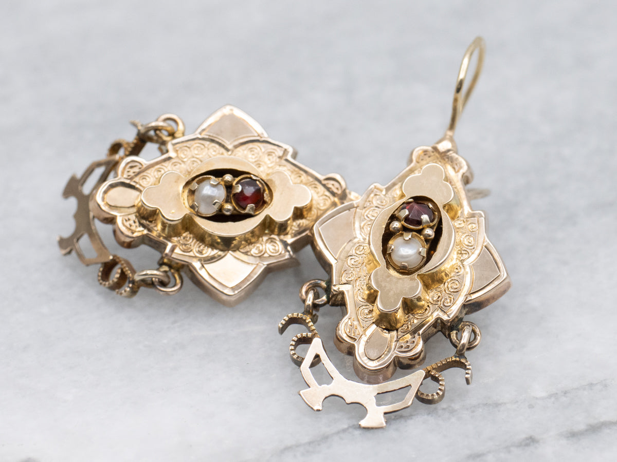 Antique Gold Victorian Era Garnet and Seed Pearl Drop Earrings