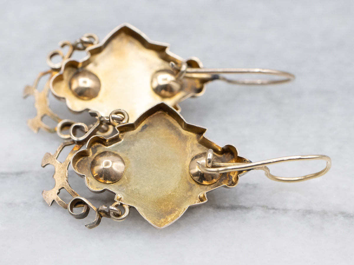 Antique Gold Victorian Era Garnet and Seed Pearl Drop Earrings