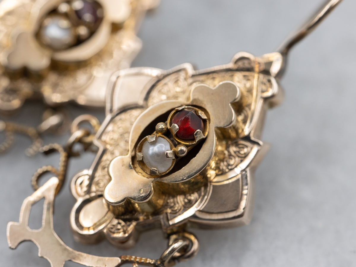 Antique Gold Victorian Era Garnet and Seed Pearl Drop Earrings