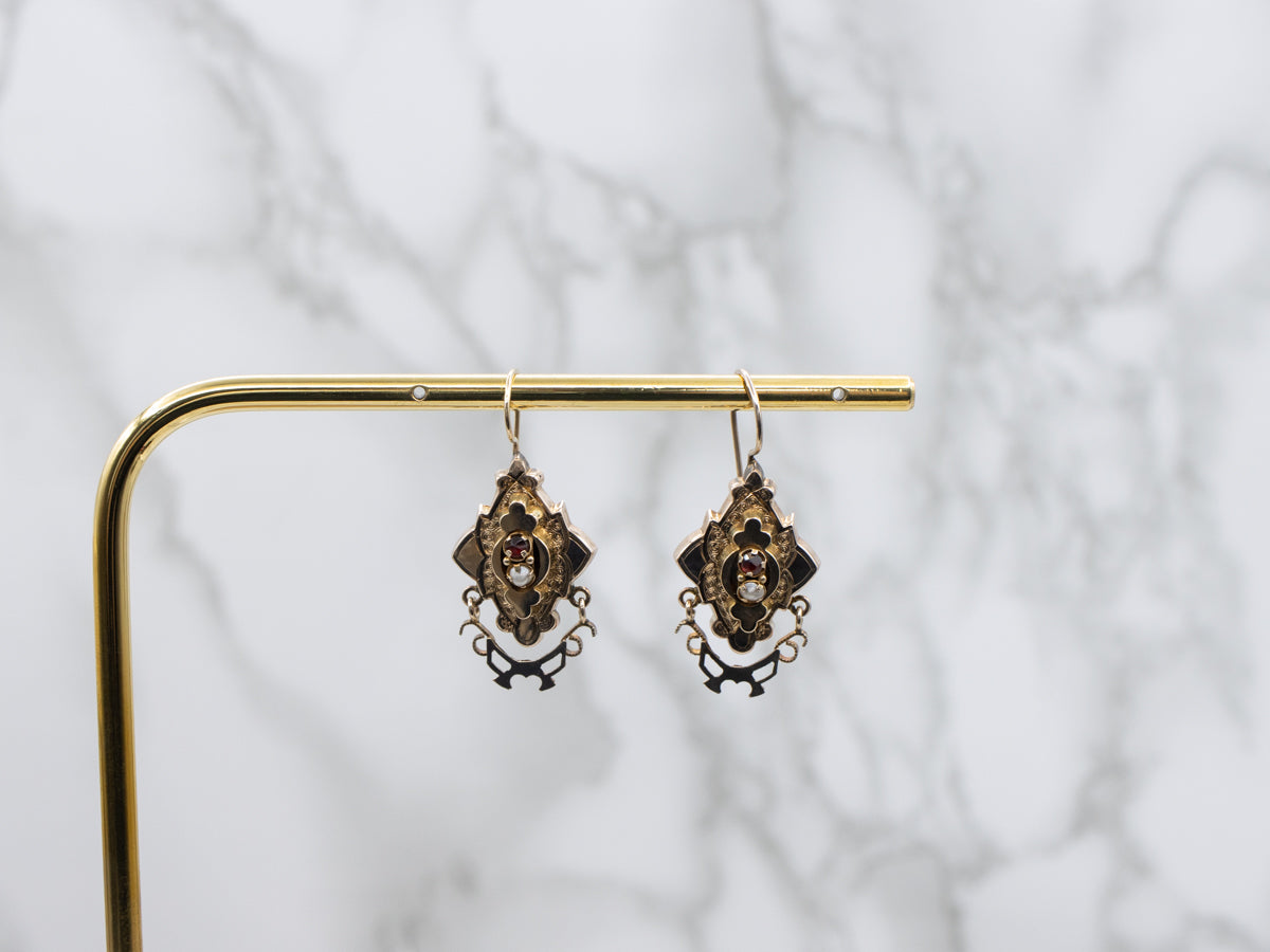Antique Gold Victorian Era Garnet and Seed Pearl Drop Earrings