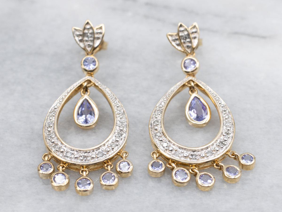 Elegant Friction Drop Earrings with Tanzanite Gemstones and Diamond Accents