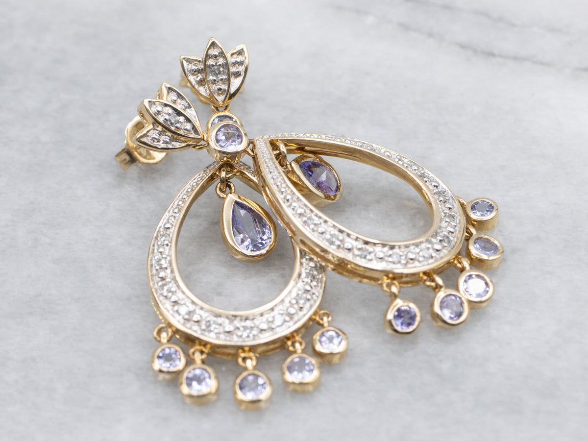 Elegant Friction Drop Earrings with Tanzanite Gemstones and Diamond Accents