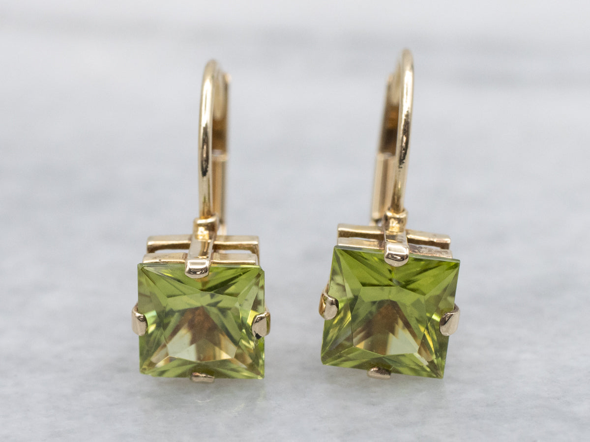 Square-Cut Peridot Drop Earrings in Yellow Gold