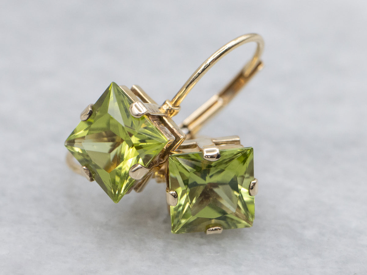 Square-Cut Peridot Drop Earrings in Yellow Gold