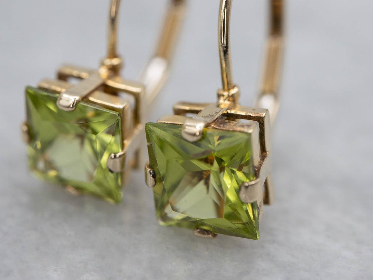 Square-Cut Peridot Drop Earrings in Yellow Gold