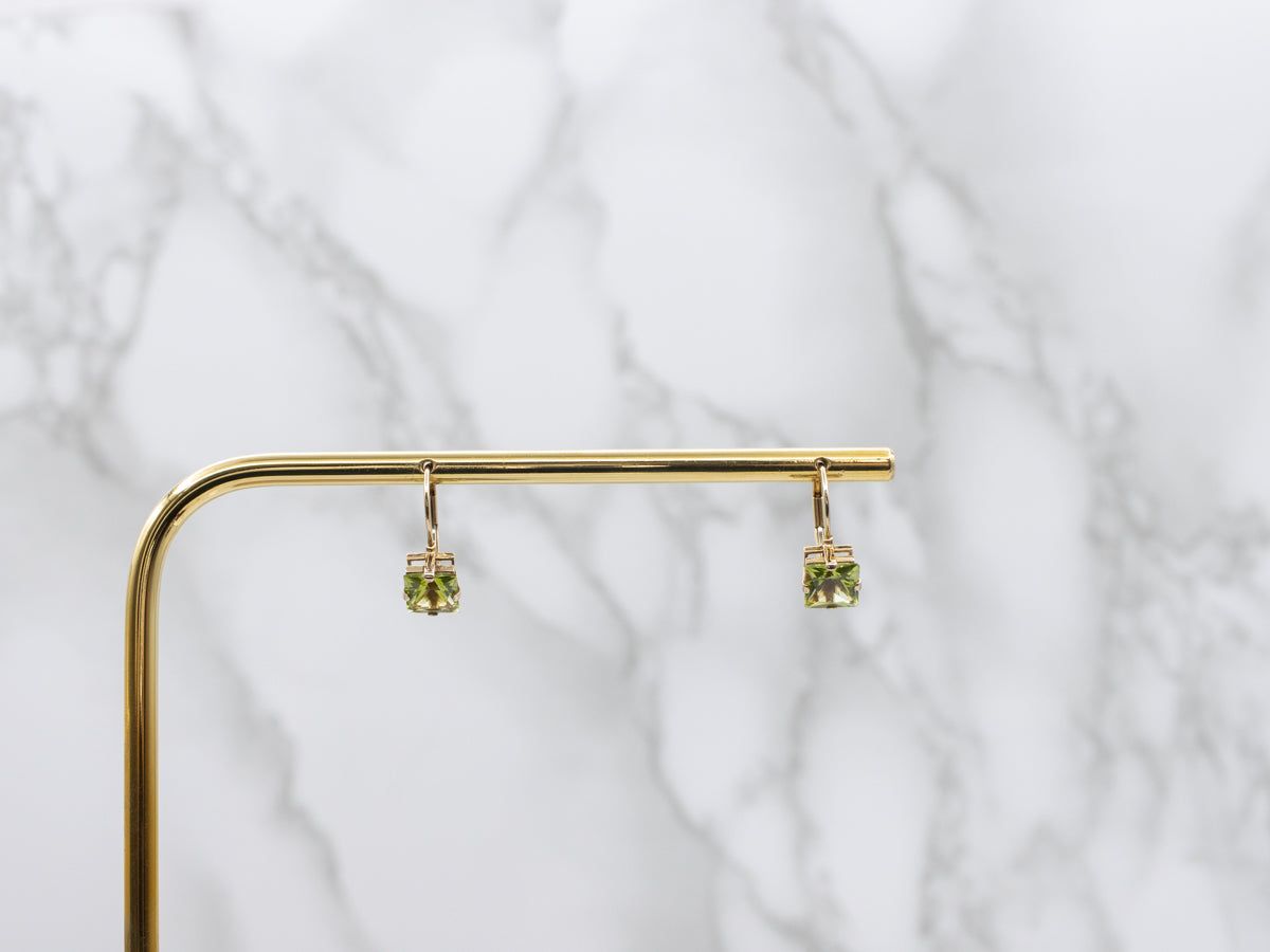 Square-Cut Peridot Drop Earrings in Yellow Gold