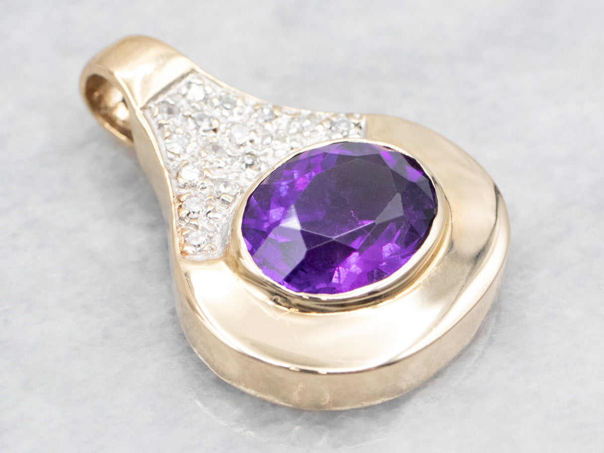 Modernist Bright Purple Amethyst Diamond Gold Drop Pendant