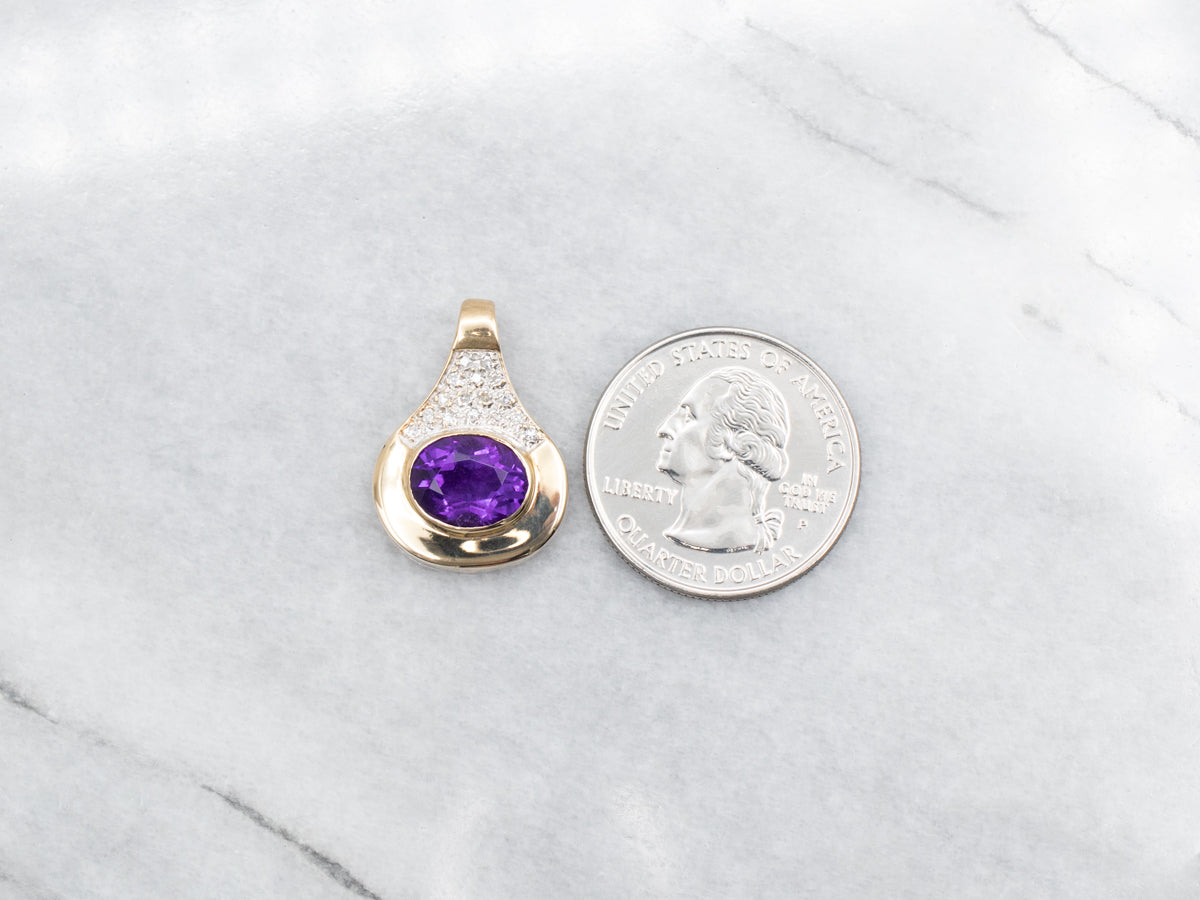 Modernist Bright Purple Amethyst Diamond Gold Drop Pendant