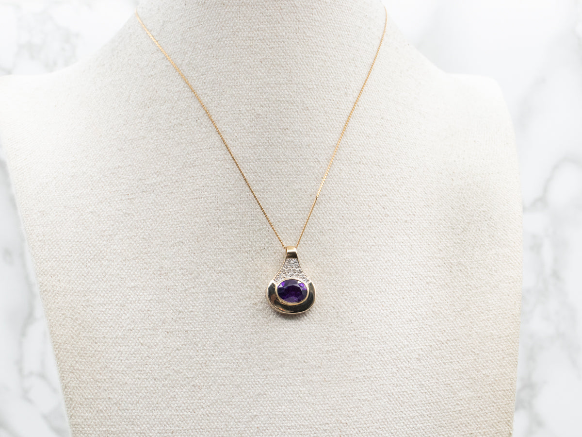 Modernist Bright Purple Amethyst Diamond Gold Drop Pendant