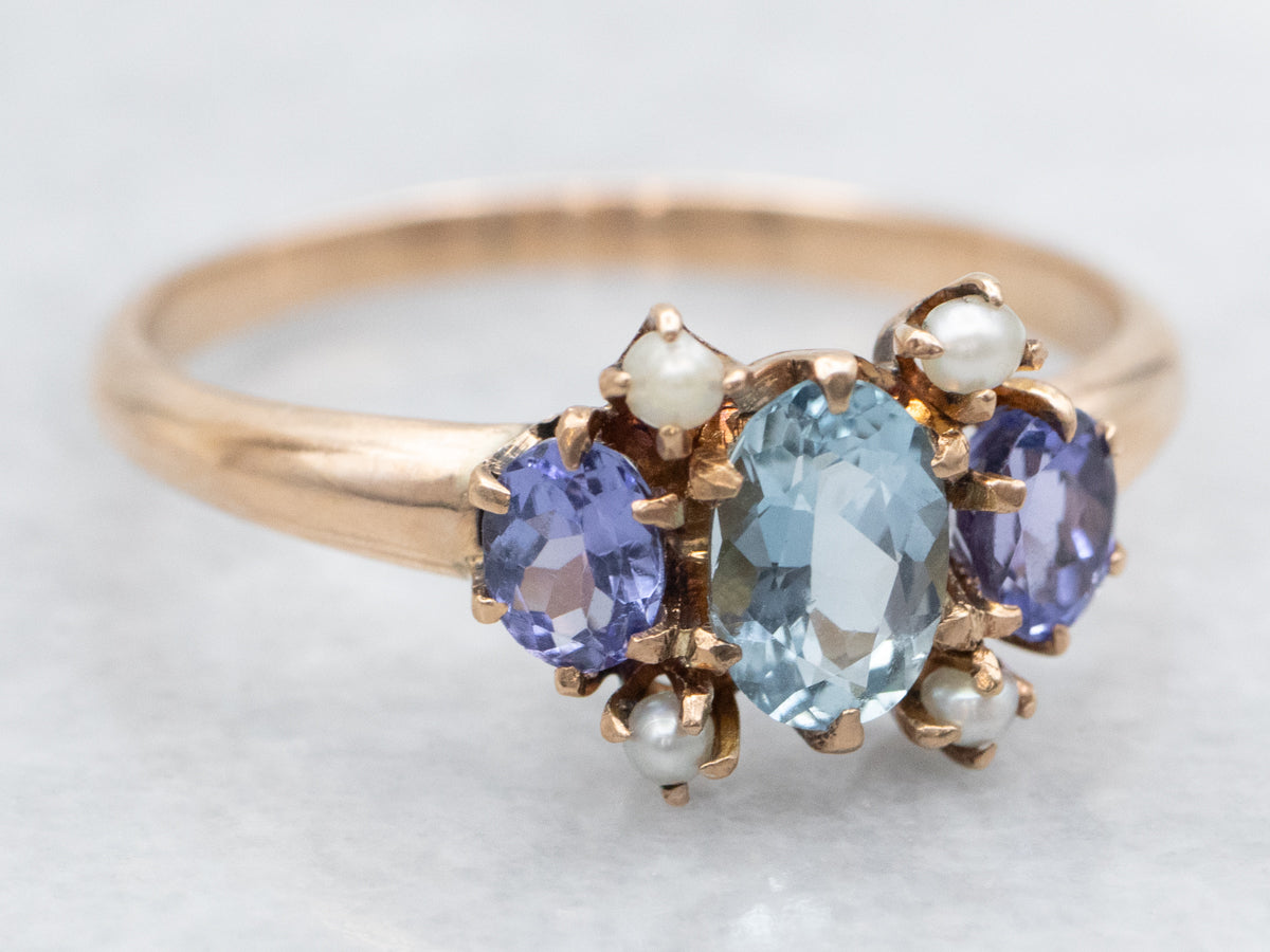 Victorian Aquamarine Lavender Tanzanite and Seed Pearl Ring