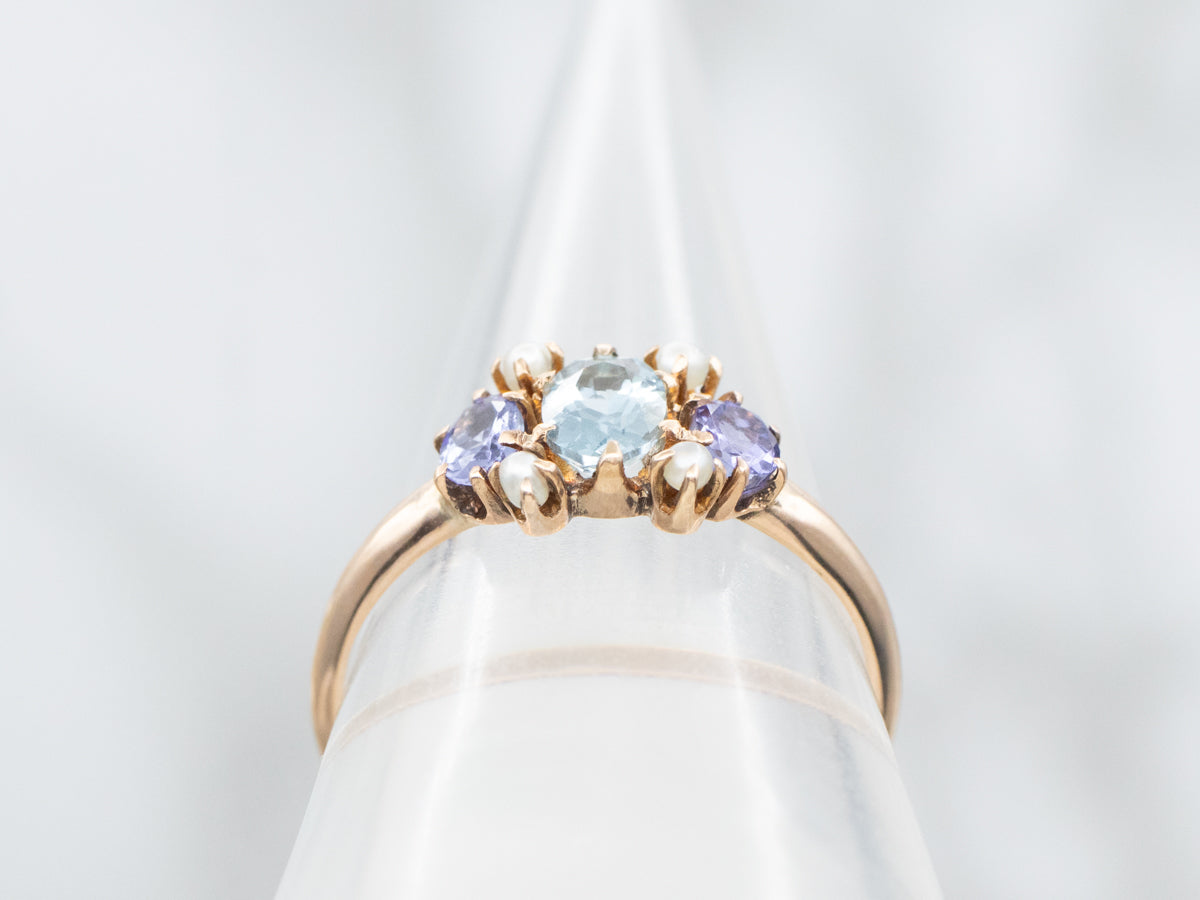 Victorian Aquamarine Lavender Tanzanite and Seed Pearl Ring