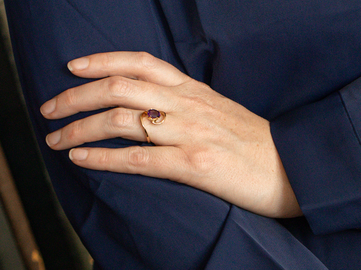 Modernist Gold and Amethyst Bypass Ring