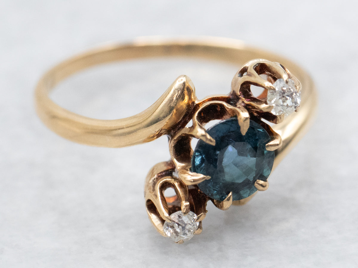 Sapphire and Old Mine Cut Diamond Bypass Buttercup Ring
