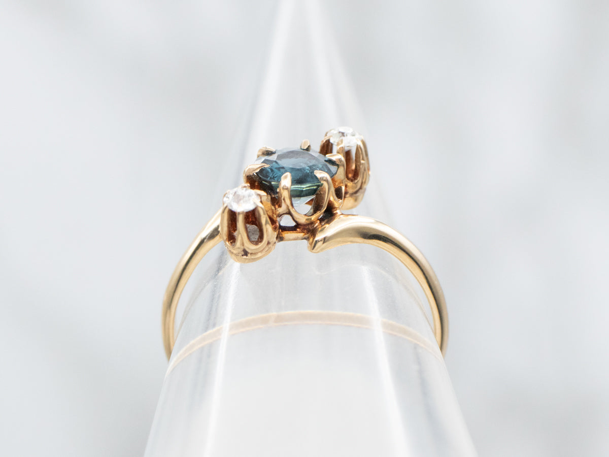 Sapphire and Old Mine Cut Diamond Bypass Buttercup Ring