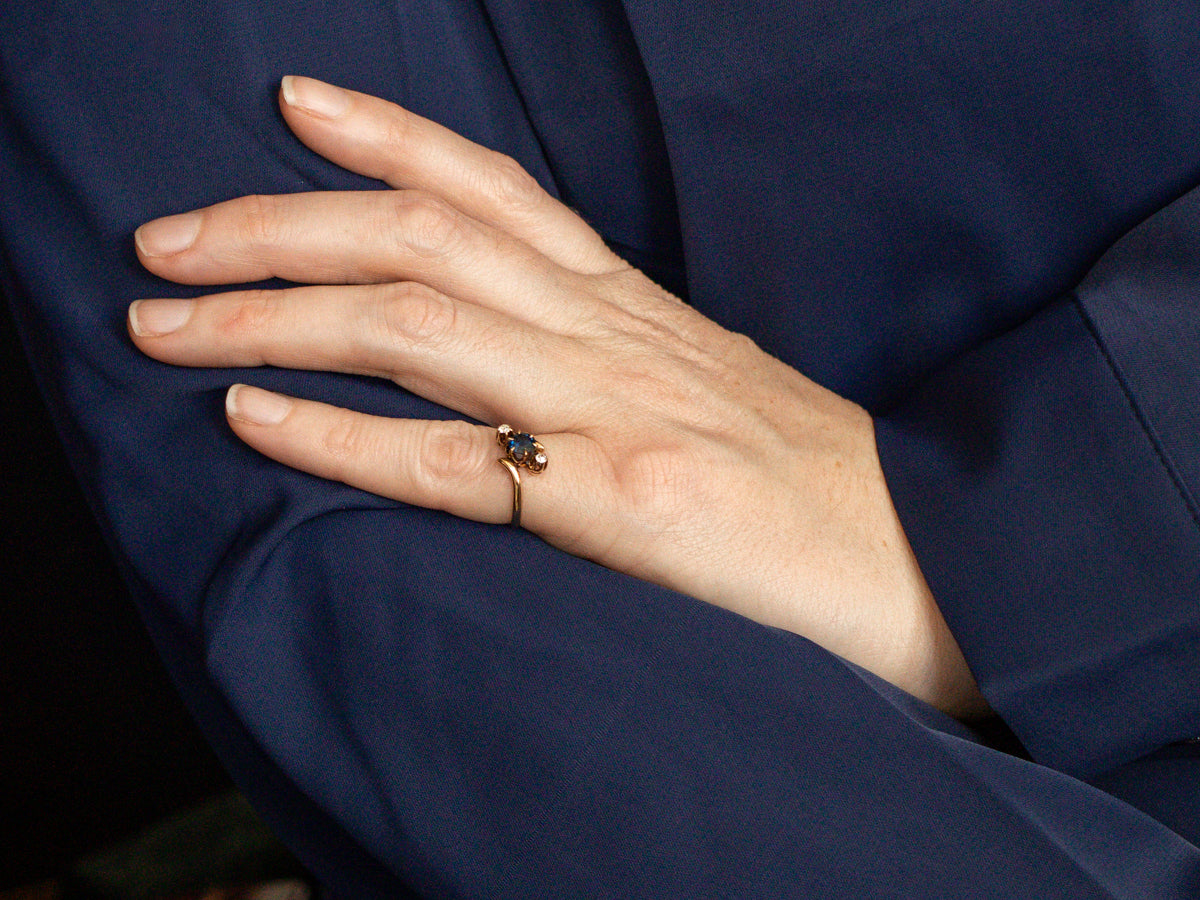 Sapphire and Old Mine Cut Diamond Bypass Buttercup Ring