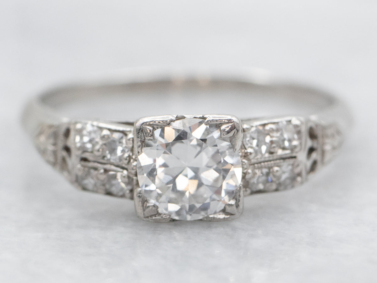 Platinum and European Cut Diamond Late Art Deco Engagement Ring