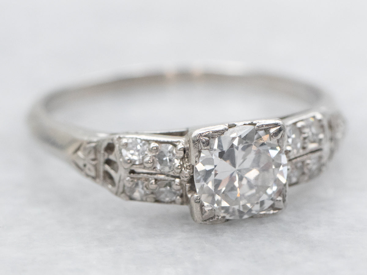 Platinum and European Cut Diamond Late Art Deco Engagement Ring