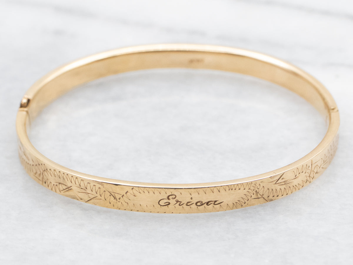 Vintage Gold "Erica" Hinged Etched Child's Bracelet