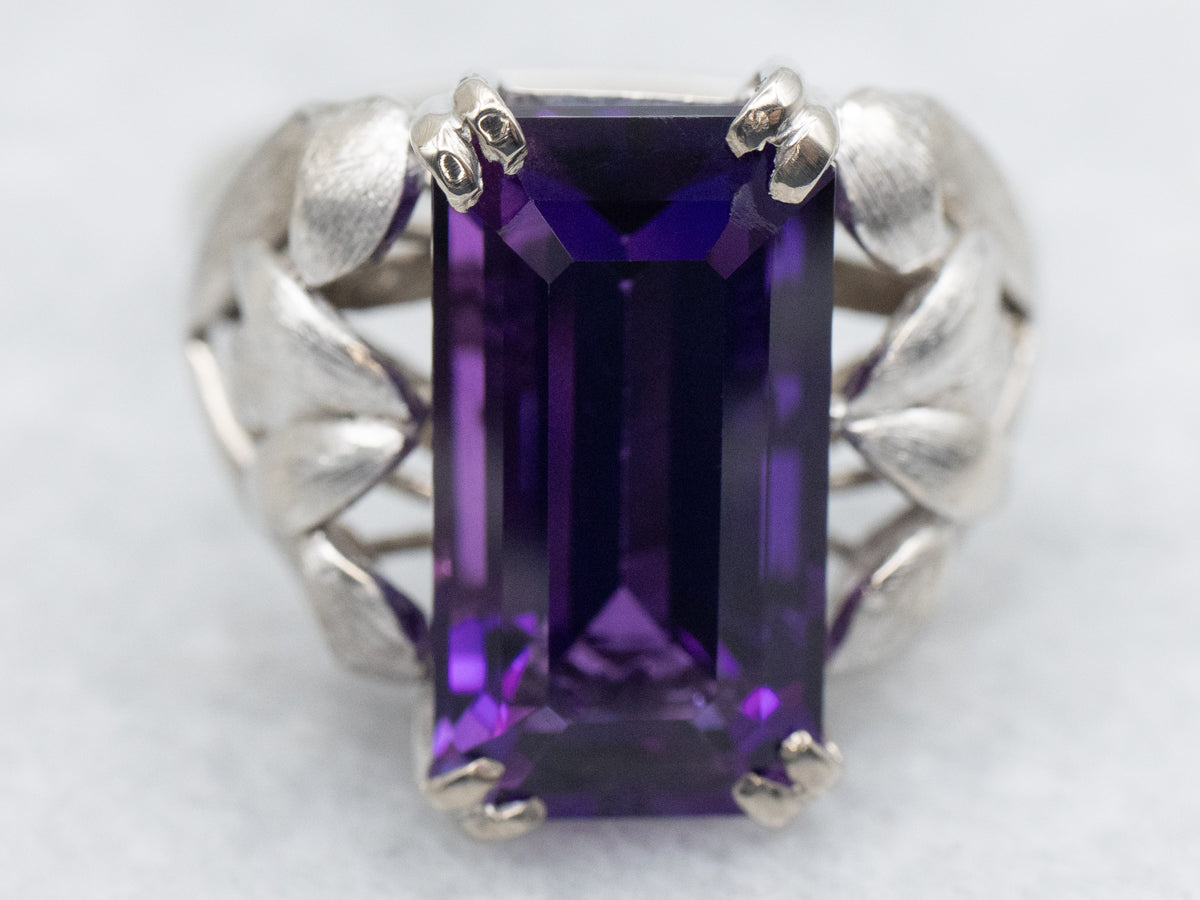 White Gold Amethyst Cocktail Ring with Botanical Shoulders