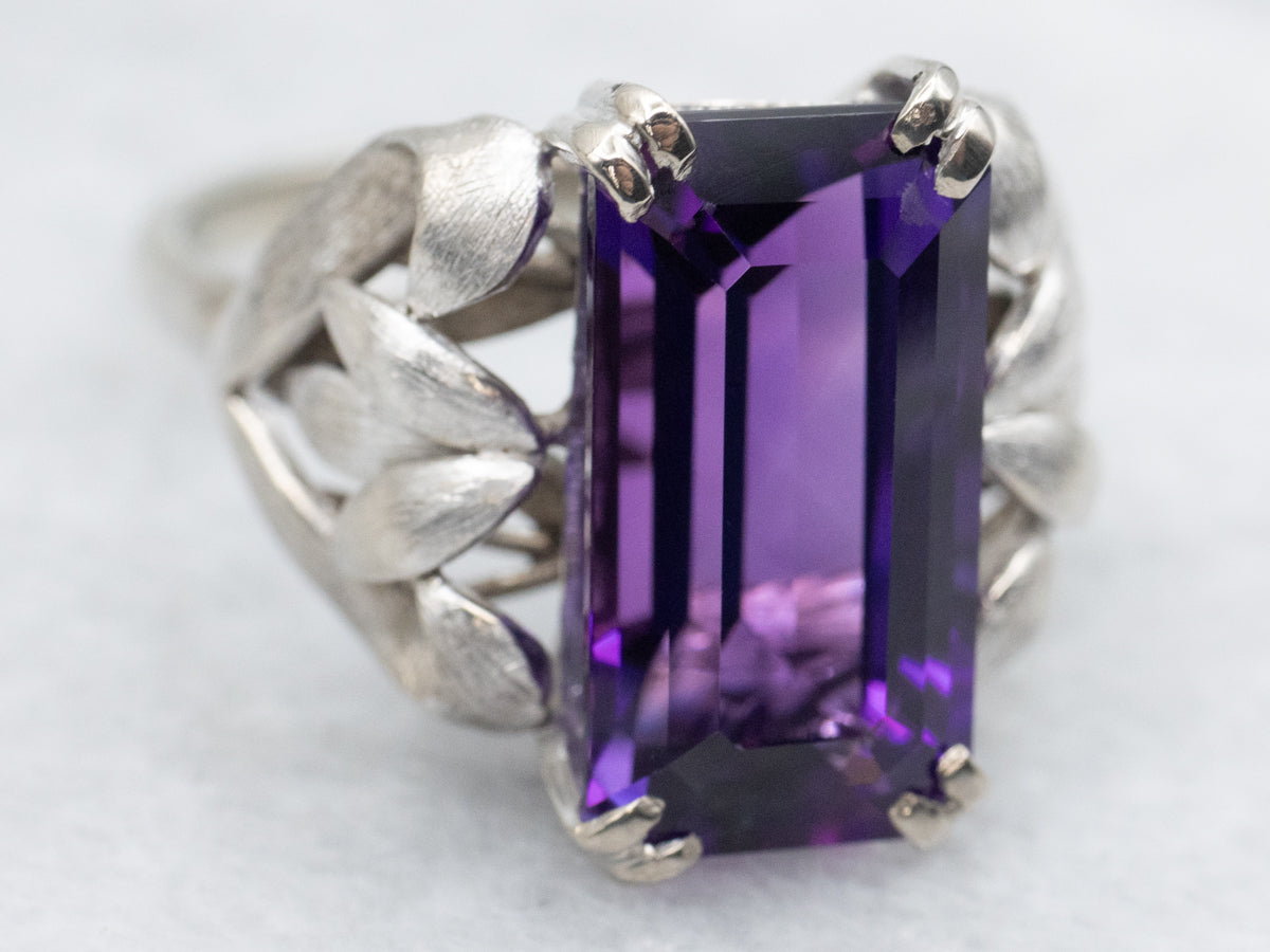 White Gold Amethyst Cocktail Ring with Botanical Shoulders