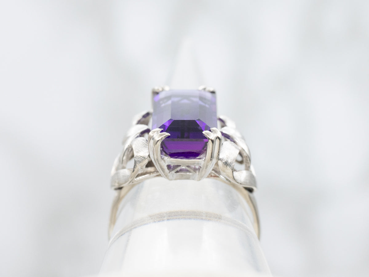 White Gold Amethyst Cocktail Ring with Botanical Shoulders