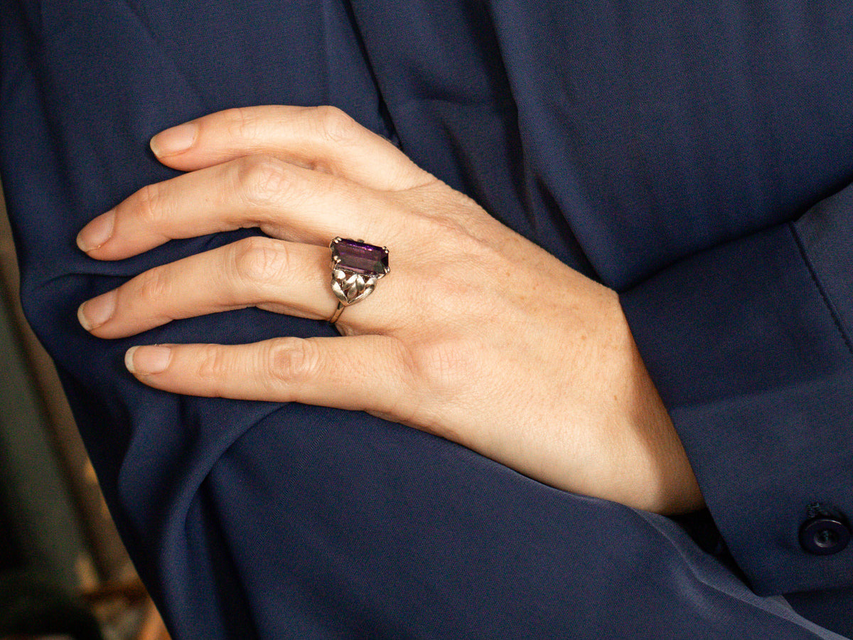 White Gold Amethyst Cocktail Ring with Botanical Shoulders