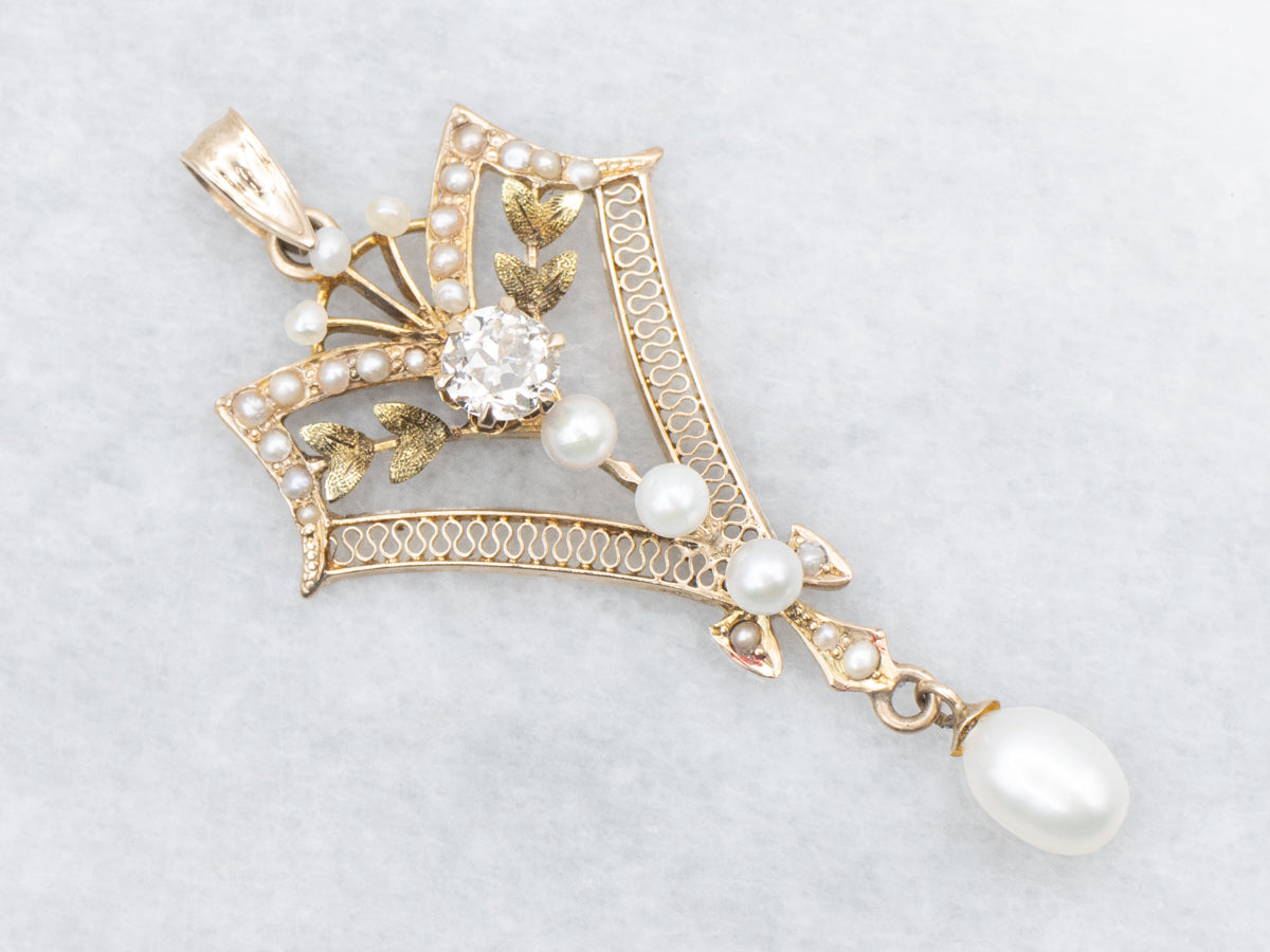 *RESERVED* Antique Old Mine Cut Diamond and Pearl Lavalier Pendant