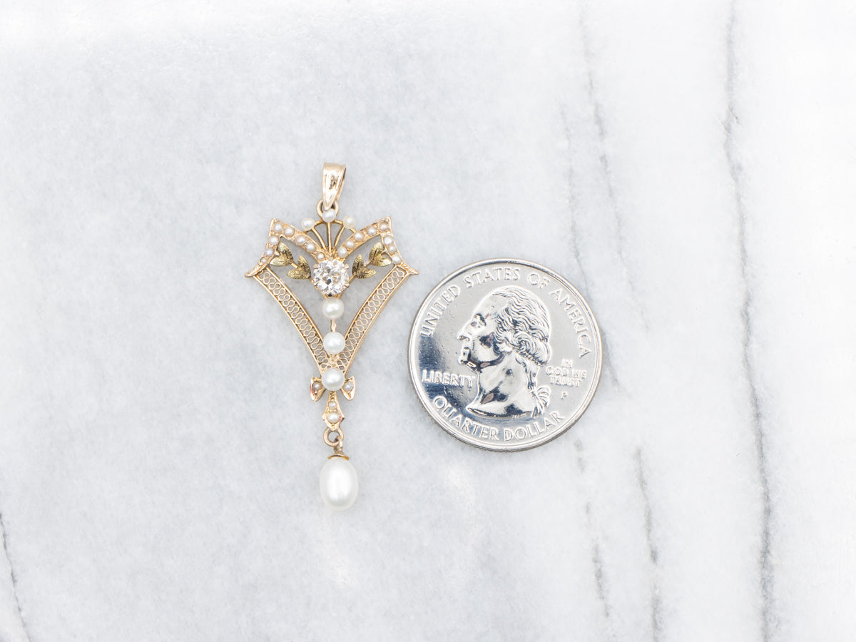 *RESERVED* Antique Old Mine Cut Diamond and Pearl Lavalier Pendant