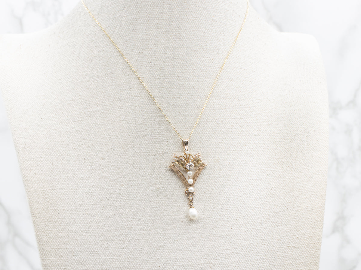 *RESERVED* Antique Old Mine Cut Diamond and Pearl Lavalier Pendant